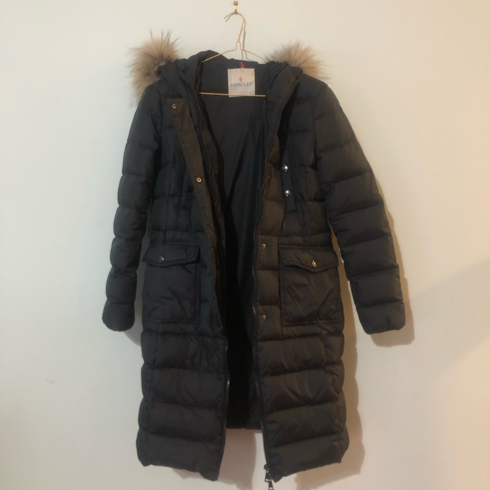 Moncler Black Puffer Coat with fur hood size 1